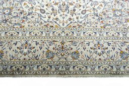 Full view of 2000s Kashan rug from Iran / Persia, 396 × 291 cm in Beige tones
