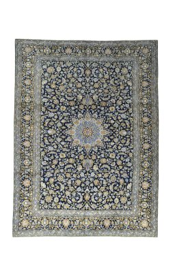 Full view of 2000s Kashan rug from Iran / Persia, 405 × 302 cm in Blue tones