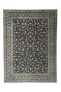Full view of 2000s Kashan rug from Iran / Persia, 420 × 311 cm in Blue tones