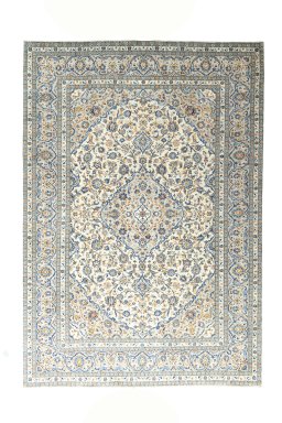 Full view of 2000s Kashan rug from Iran / Persia, 350 × 243 cm in Beige tones