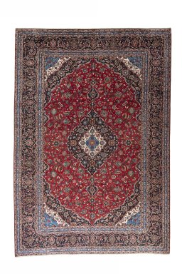 Full view of 2000s Kashan rug from Iran / Persia, 427 × 298 cm in Red tones