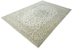Corner detail of New Kashan rug showing border pattern and Wool pile