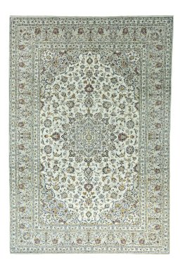 Full view of 2000s Kashan rug from Iran / Persia, 356 × 245 cm in Beige tones