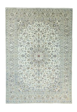 Full view of 2000s Kashan rug from Iran / Persia, 351 × 249 cm in Beige tones