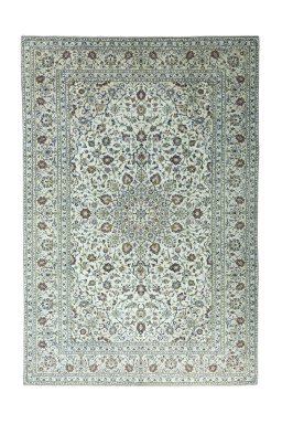 Full view of 2000s Kashan rug from Iran / Persia, 351 × 239 cm in Beige tones