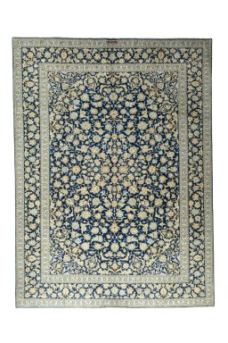Full view of 2000s Kashan rug from Iran / Persia, 422 × 312 cm in Blue tones