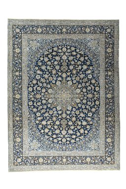 Full view of 2000s Kashan rug from Iran / Persia, 415 × 311 cm in Blue tones
