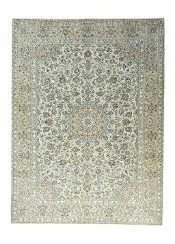 Full view of 2000s Kashan rug from Iran / Persia, 406 × 301 cm in Green tones