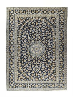 Full view of 2000s Kashan rug from Iran / Persia, 424 × 310 cm in Blue tones