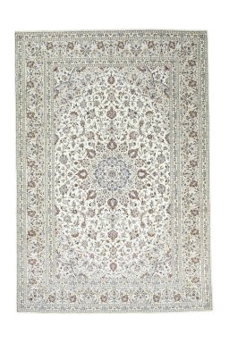Full view of 2000s Kashan rug from Iran / Persia, 350 × 238 cm in Beige tones