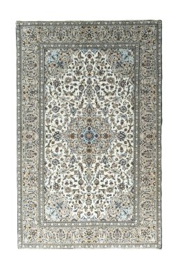 Full view of 2000s Kashan rug from Iran / Persia, 298 × 191 cm in Beige tones