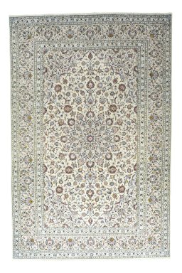 Full view of 2000s Kashan rug from Iran / Persia, 368 × 242 cm in Beige tones