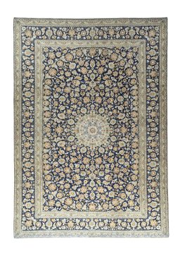Full view of 2000s Kashan rug from Iran / Persia, 426 × 301 cm in Blue tones