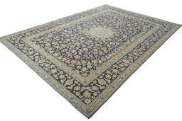 Corner detail of 2000s Kashan rug showing border pattern and Wool pile