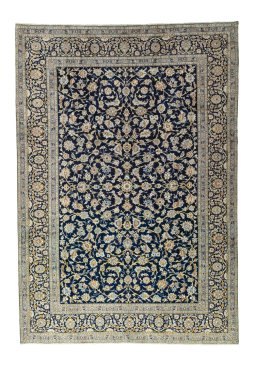 Full view of 2000s Kashan rug from Iran / Persia, 386 × 270 cm in Blue tones