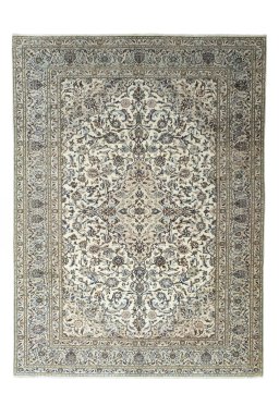 Full view of 2000s Kashan rug from Iran / Persia, 398 × 293 cm in Beige tones