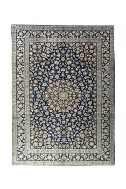 Full view of 2000s Kashan rug from Iran / Persia, 413 × 303 cm in Blue tones