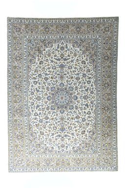 Full view of 2000s Kashan rug from Iran / Persia, 395 × 284 cm in Beige tones