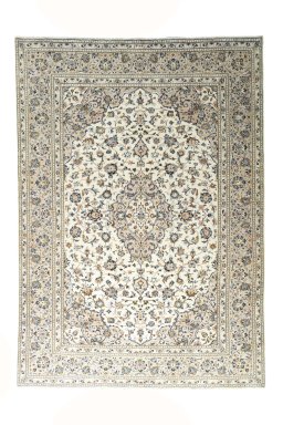 Full view of 2000s Kashan rug from Iran / Persia, 346 × 246 cm in Beige tones
