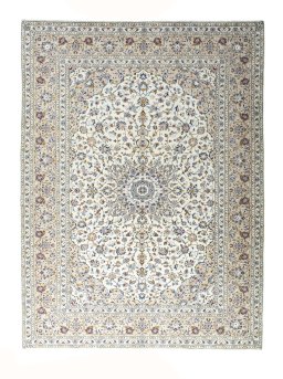 Full view of 2000s Kashan rug from Iran / Persia, 343 × 257 cm in Beige tones