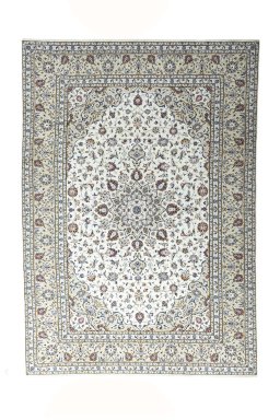 Full view of 2000s Kashan rug from Iran / Persia, 354 × 249 cm in Beige tones