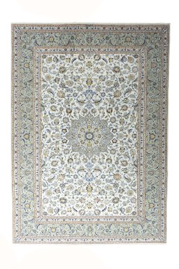 Full view of 2000s Kashan rug from Iran / Persia, 374 × 267 cm in Beige tones