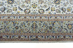 Full view of 2000s Kashan rug from Iran / Persia, 374 × 267 cm in Beige tones