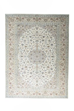 Full view of 2000s Kashan rug from Iran / Persia, 403 × 303 cm in Beige tones