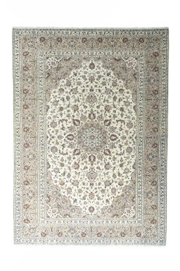 Full view of 2000s Kashan rug from Iran / Persia, 343 × 247 cm in Beige tones