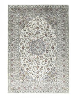 Full view of 2000s Kashan rug from Iran / Persia, 354 × 250 cm in Beige tones