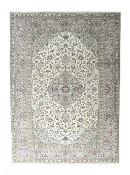 Full view of 2000s Kashan rug from Iran / Persia, 360 × 261 cm in Beige tones