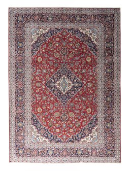 Full view of 2000s Kashan rug from Iran / Persia, 348 × 247 cm in Red tones