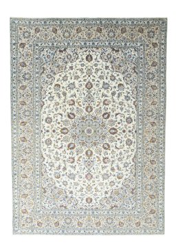 Full view of 2000s Kashan rug from Iran / Persia, 346 × 247 cm in Beige tones