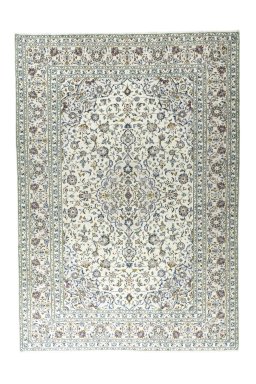 Full view of 2000s Kashan rug from Iran / Persia, 356 × 250 cm in Beige tones