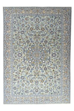 Full view of 2000s Kashan rug from Iran / Persia, 422 × 292 cm in Green tones
