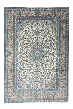 Full view of 2000s Kashan rug from Iran / Persia, 364 × 247 cm in Beige tones