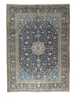 Full view of 2000s Kashan rug from Iran / Persia, 411 × 297 cm in Blue tones