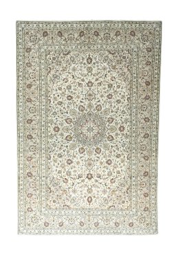 Full view of 2000s Kashan rug from Iran / Persia, 296 × 196 cm in Beige tones