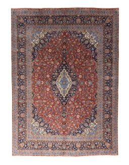 Full view of New Kashan rug from Iran / Persia, 403 × 292 cm in Red tones