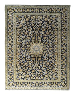 Full view of 2000s Kashan rug from Iran / Persia, 409 × 315 cm in Blue tones