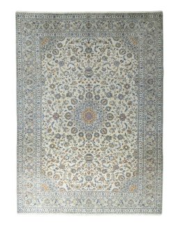 Full view of 2000s Kashan rug from Iran / Persia, 413 × 297 cm in Beige tones
