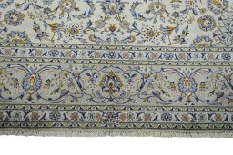 Full view of 2000s Kashan rug from Iran / Persia, 413 × 297 cm in Beige tones