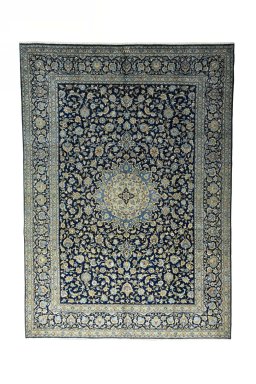 Full view of 2000s Kashan rug from Iran / Persia, 401 × 284 cm in Blue tones