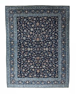 Full view of 2000s Kashan rug from Iran / Persia, 402 × 308 cm in Blue tones