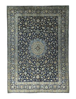 Full view of 2000s Kashan rug from Iran / Persia, 400 × 281 cm in Blue tones
