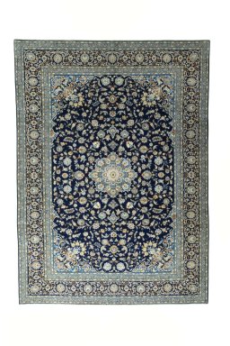Full view of 2000s Kashan rug from Iran / Persia, 421 × 308 cm in Blue tones