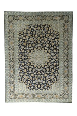 Full view of 2000s Kashan rug from Iran / Persia, 393 × 296 cm in Blue tones