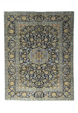 Full view of 2000s Kashan rug from Iran / Persia, 272 × 211 cm in Blue tones