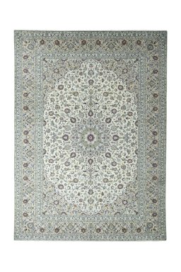 Full view of 2000s Kashan rug from Iran / Persia, 400 × 290 cm in Beige tones
