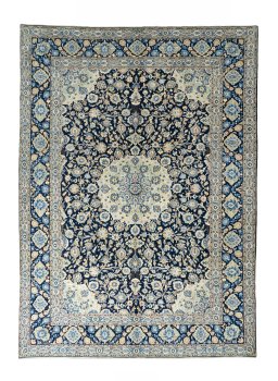 Full view of 2000s Kashan rug from Iran / Persia, 395 × 285 cm in Blue tones